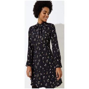 LOFT Floral Tie Neck Long Sleeves Flare Mini Black Dress